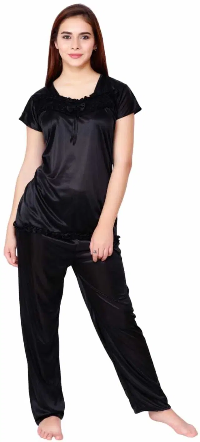 Satin Solid Nightsuit Set for Women (Black, Free Size)