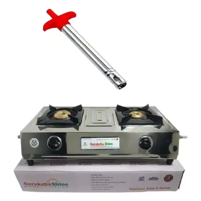 Suraksha Shine Commander 2 Cast Iron Burner Stainless Steel Gas Stove - 2.5 kg, 1 Free Gas Lighter