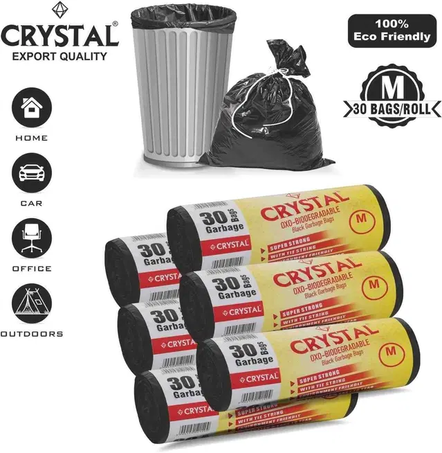 Crystal 30 Pcs Garbage Bags Rolls, Black, 25 L, Set of 6