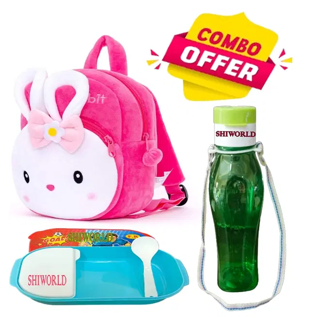 Combo of Fabric School Bag, Water Bottle with Lunch Box for Kids, Multicolor, Set of 3