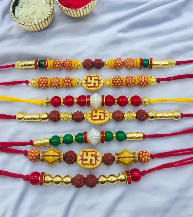 Handmade Designer Rakhi with Roli Chawal, Multicolor, Pack of 7
