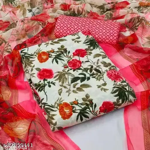 Floral Print Cotton Blend Unstitched Suit Fabric for Women, White & Pink