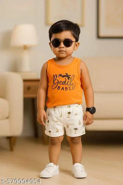 Hosiery Cotton Printed Clothing Set for Kids, Yellow & White (6-9 Months)