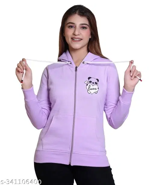 Fleece Printed Hoodie for Women (Lavender, XL)