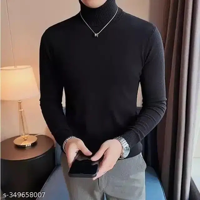 Cotton Blend High Neck Sweater for Men (Black, M)