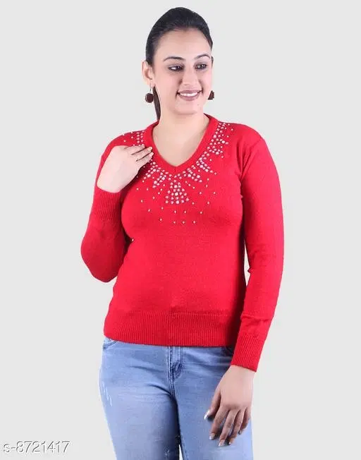 Acrylic Embellished Sweater for Women (Red, XL)