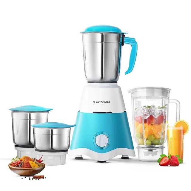 Longway Juicer Mixer Grinder [750 W, 4 Jars, White & Blue]