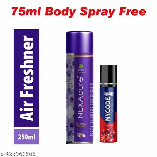 Nexa Lavender Air Freshener, 250 ml with MYCODE Kiss Me Body Spray for Men, 75 ml, Set of 2