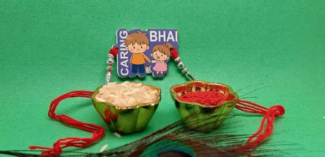 Synthetic Rakhi with Greeting Card & Roli Chawal (Multicolor, Set of 1)