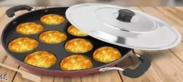 ZODEX 12 Cavities Non Stick Appam Patra with Lid and Side Handle, Multicolor, 21 cm