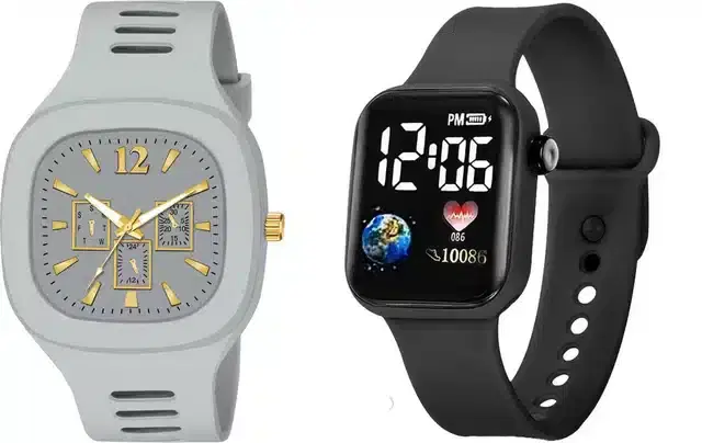 Analog with Smartwatch Combo for Men, Pack of 2 (Grey & Black)