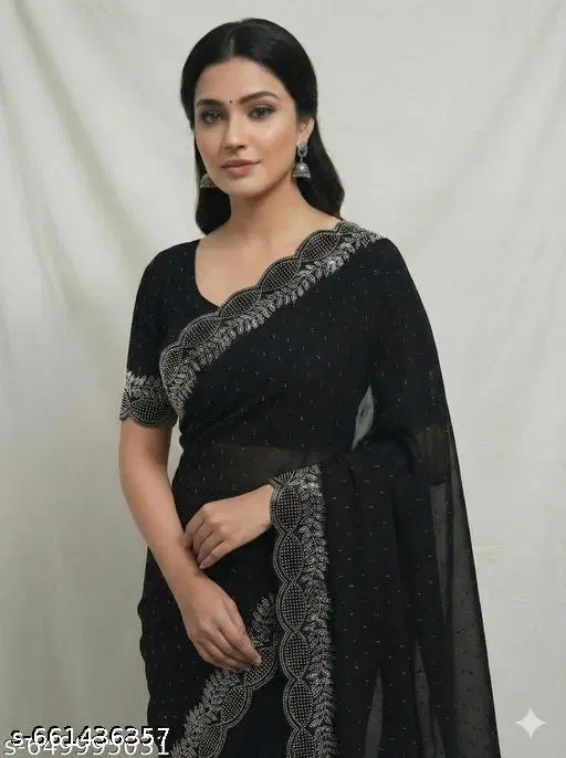 Georgette Embellished Saree For Women, Black