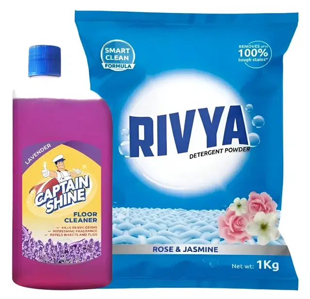 Captain Shine Disinfectant Floor Cleaner 500 ml (Lavender) + Rivya Detergent Powder 1 kg