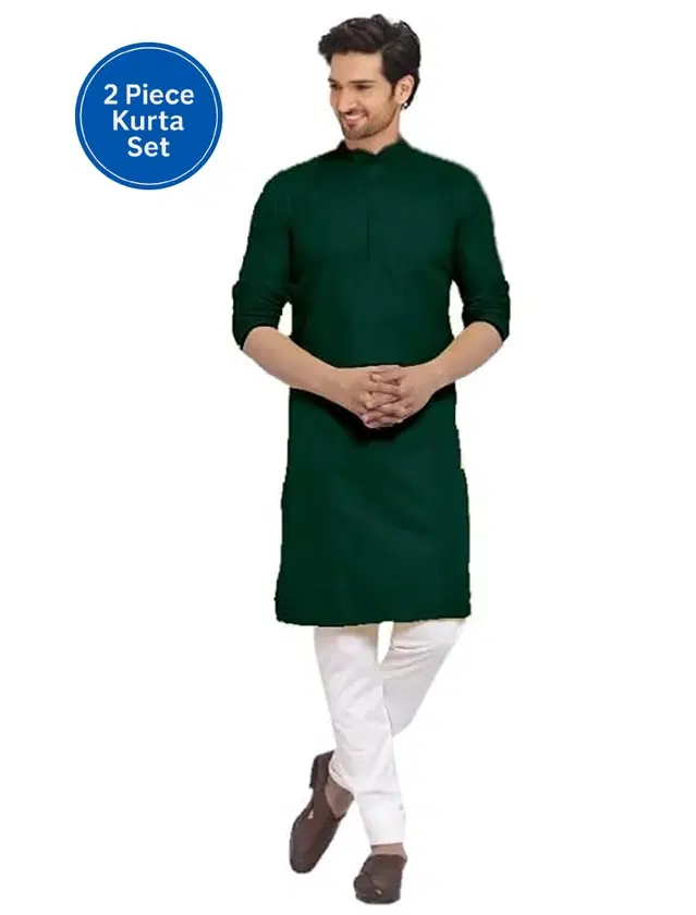 Cotton Blend Solid Kurta with Pyjama Set for Men, Green & White (M)