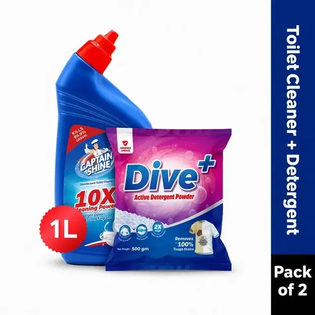Captain Shine Toilet Cleaner 1 L + Dive+ Active Detergent Powder 500 g