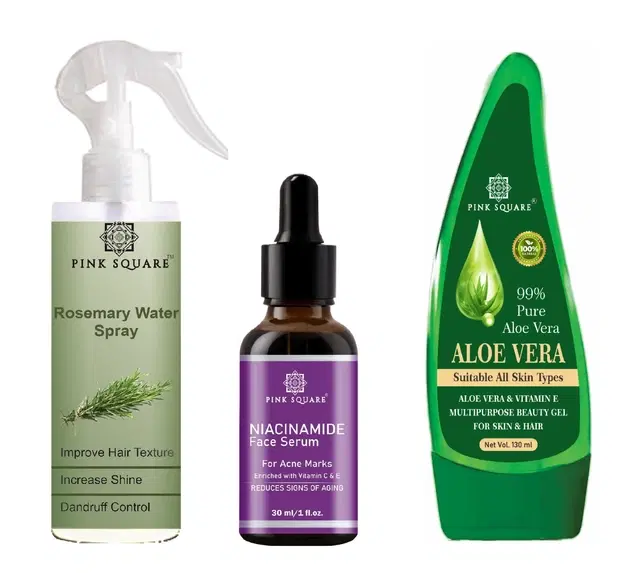 Pink Square Rosemary Hair Spray, 100 ml with Niacinamide Face Serum, 30 ml & Natural Aloevera Face Gel, 130 ml, Set of 3