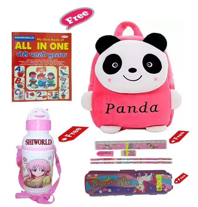 Combo of Kids Cartoon Bag Backpack, All In One Book, Water Bottle & Gift Set Geometry Set, Multicolor, Set of 1