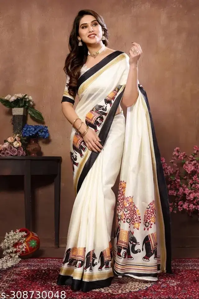 Khadi Printed Saree for Women (Cream, 6.3 m)