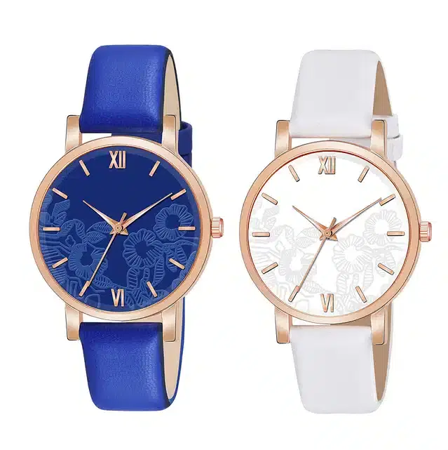Designer Leather Analog Watch for Women & Girls, Pack of 2 (Blue & White)