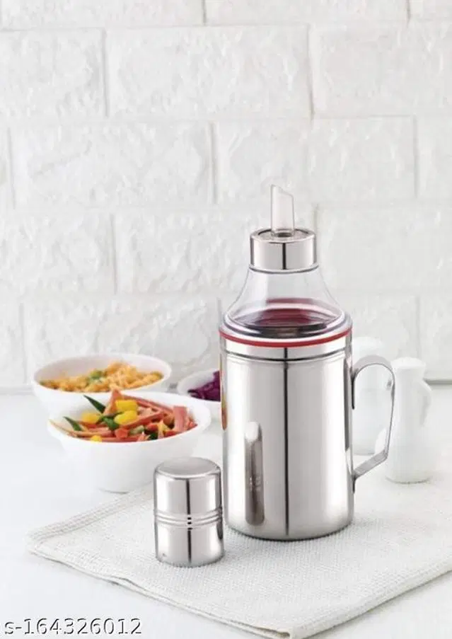 Oil Bottle with Handle & Cleaning Brush, Silver, 1000 ml