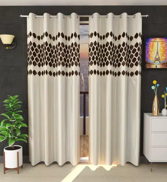 Polyester Patch Worked Window & Door Curtains, Pack of 2, Cream, 5 feet