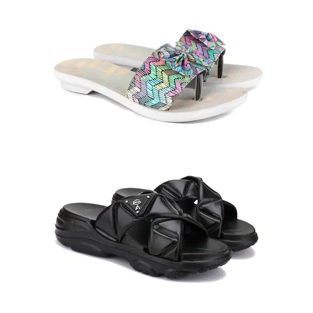 Combo of Sliders & Flats for Women, Set of 2 (Multicolor, 7)