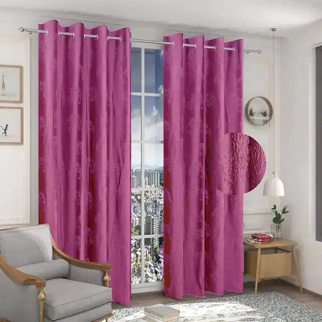 Polyester Embroidered Window & Door Curtains, Pack of 2, Pink, 5 feet