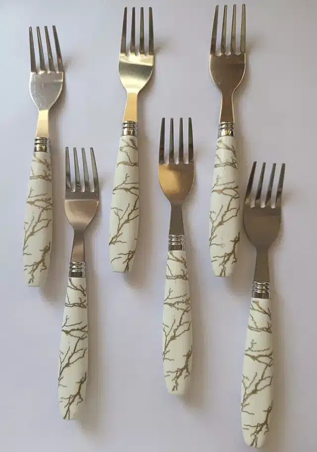 Fork with Ceramic Handle for Kitchen, Silver, Pack of 6