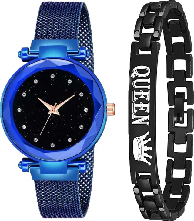 Metal Strap Analog Watch with Bracelet for Women & Girls, Set of 2 (Multicolor)