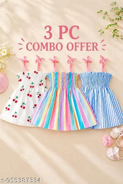 Cotton Frock, Pack of 3 for Girls (Blue, 18-24 Months)