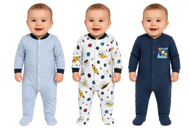 Solid Cotton Full Sleeves Onesies & Rompers for Boys, Pack of 3 (Multicolor, 6-9 Months)