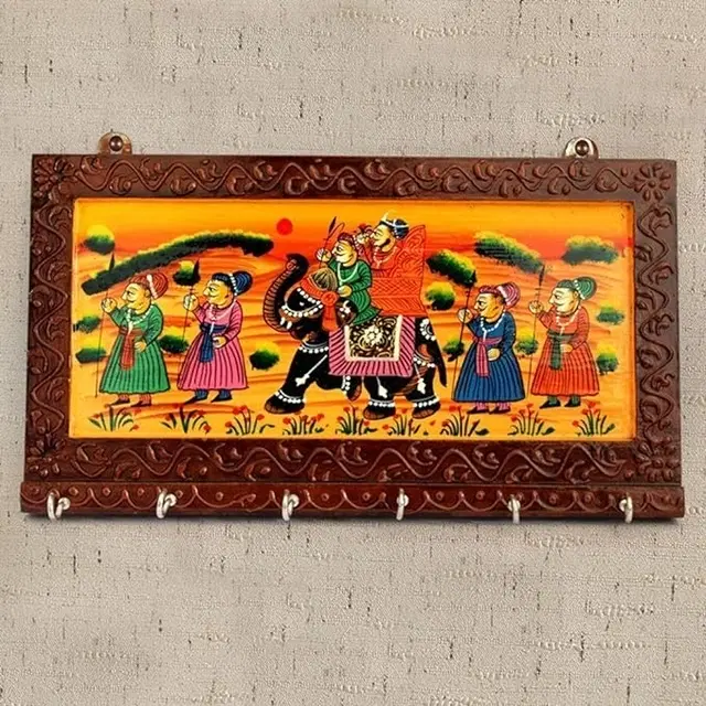 Jaipurcrafts Wooden Rajasthani Art Work 6 Hook Hanging Key Holder - Brown