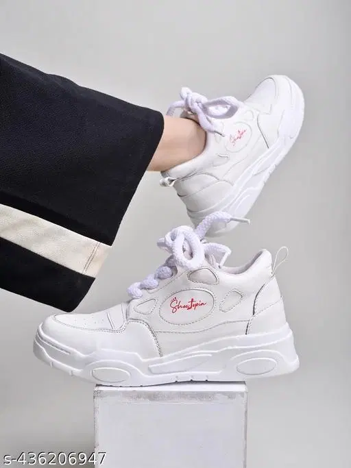 Solid PU Sneakers for Girls (White, 9-10 Years)