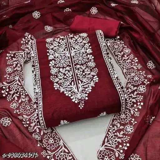 Chanderi Cotton Embroidered Punjabi/All Over Suits for Women (Maroon, Un Stitched)