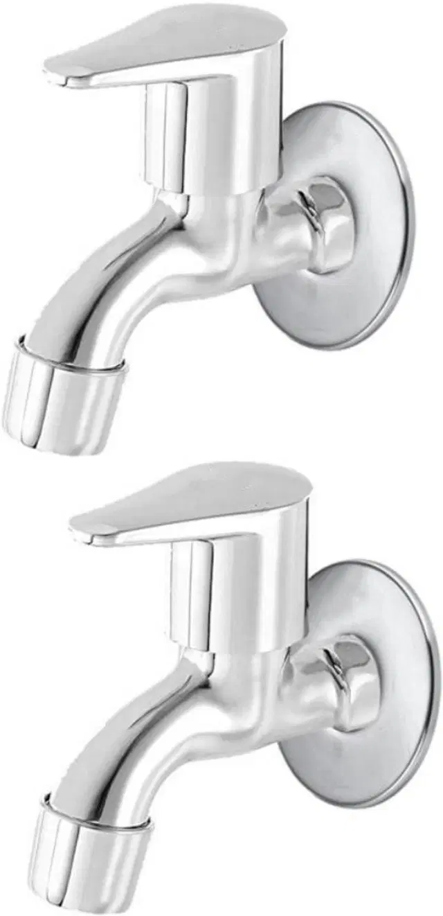 Stainless Steel Short Body Bib Cock Tap with Wall Flange, Silver, Set of 2