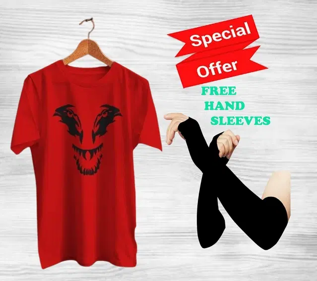 Round Neck Printed T-Shirt with Arm Sleeves for Men, Set of 2 (Red & Black, L)