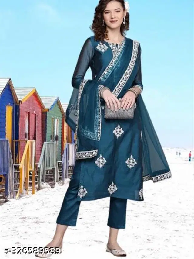 Rayon Embroidered Kurta with Pant & Dupatta for Women (Multicolor, S)