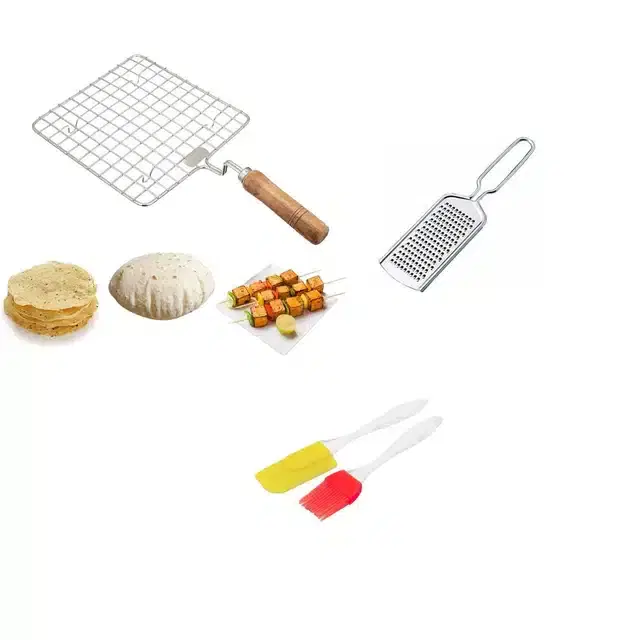Stainless Steel Cheese Grater,Steel Wire Roaster with Wooden Handle & Oil Brush Set, Combo of 3