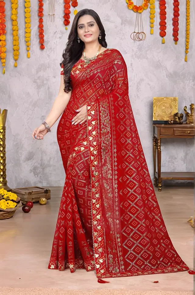 Georgette Printed Saree for Women (Red, 6.1 m)