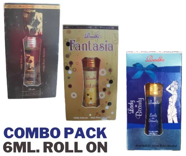 Combo of Radhe Fantasia with Lady In Beauty & Black London Non Alcoholic Roll On Attars for Men & Women, 6 ml, Pack of 3