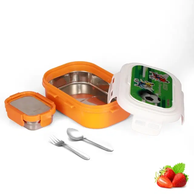 Stainless Steel Insulated 2 Containers Lunch Box with, 2 Pcs Spoons for Kids, 1x600 ml, 1x150 ml, Orange, Set of 1