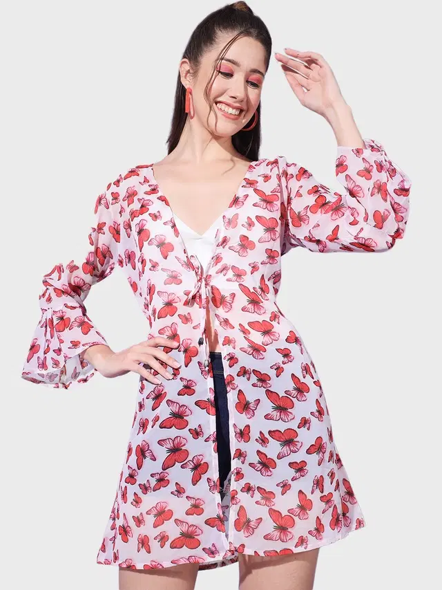 Georgette Printed Shrug for Women (Red, S)