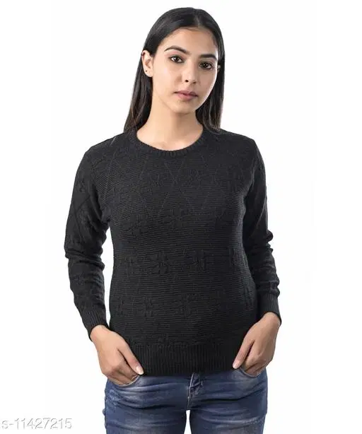 Acrylic Solid Sweater for Women (Black, L)