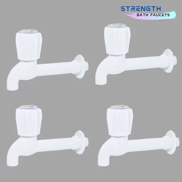 Plastic Long Body Bib Cock Tap with Wall Flange, White, Set of 4