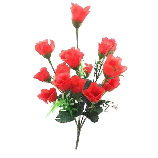 Artificial Rose Flower Bunch With Green Leaves For Home And Garden Decoration Red