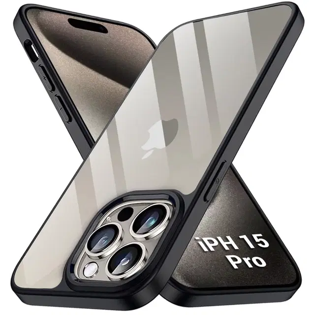 Aramid Fiber Transparent Hybrid Hard Bumper Mobile Back Cover for Apple iPhone 15 Pro, Black
