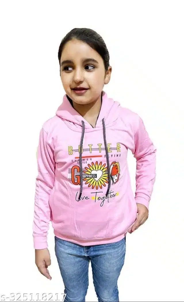 Fleece Printed Full Sleeves Hooded Sweatshirt for Girls (Light Pink, 4-5 Years)