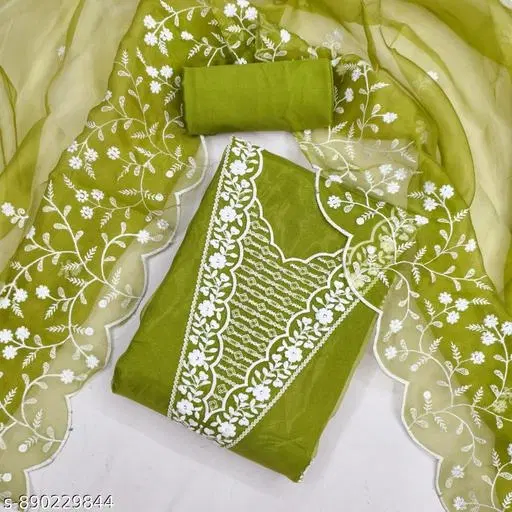 Organza Embroidered Green Patiala Suits for Women (Green, Un Stitched)