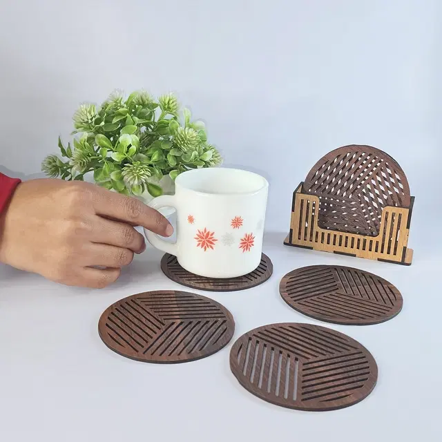 MDF Wooden 6 Pcs Coasters with Stand, Brown, Set of 1