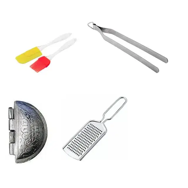 Stainless Steel Cheese Grater, Chimta, Oil Brush Set & Gujiya Maker, Combo of 4